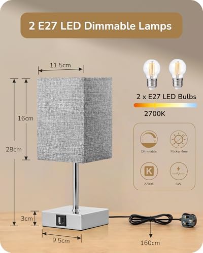 EDISHINE Bedside Lamps Set of 2, 3 Way Dimmable Table Lamps with USB A+C Charging Ports, LED Bulb Included, Touch Lamps for Bedroom, Living Room, GrayLinen Lampshade, 2700K