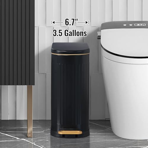 ELPHECO Slim Bathroom Trash Can Foot-Operated Stainless Steel Garbage Can with Soft Close Lid Step Trash Bin with Removable Inner Bucket for Bedroom, Office, Kitchen (Matt Black, 3.5 Gallons)