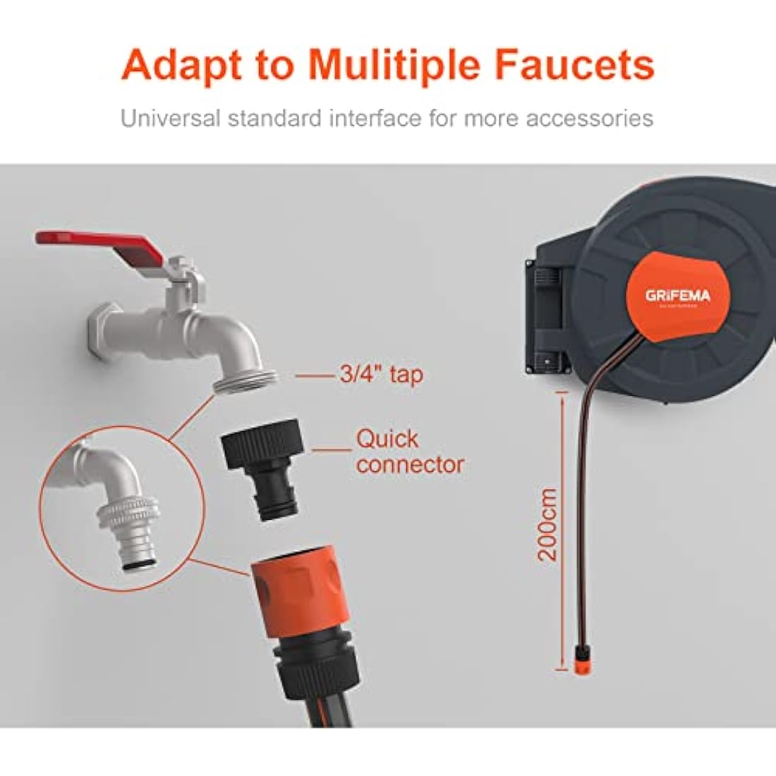 GRIFEMA G301-35 Garden Hose Reels Wall Mounted, 35M+2M Hose Pipes Reel for Garden, 180° Rotate, Retractable, Automatic Rewind with Adjustable Nozzle, Grey