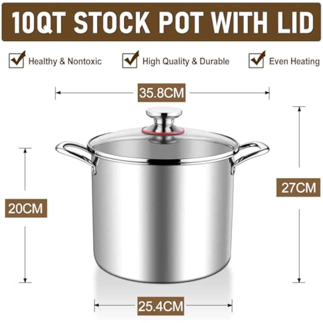 HaWare Large Stock Pot, 10L 25.5cm Tri-Ply Stainless Steel Soup Pot with Visible Lid for Pasta/Meat, Metal Cooking Induction Stockpot, Suit for All Kitchen Stove Top, Healthy & Non Toxic, Easy Clean