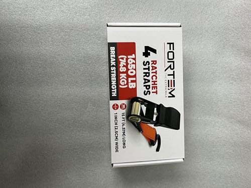 FORTEM Ratchet Straps, 748kg Break Strength, 4 Pack 4.6m x 2.54cm Tie Down Strap Set, 4 Soft Loops, Motorcycle Straps Tie Downs, Cargo Cam Buckles, Rubber Handles, Carry Bag