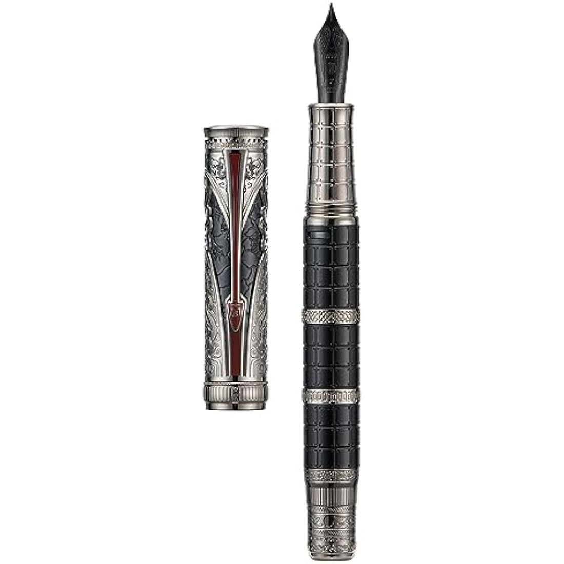 Hong Dian D5 Qin Dynasty Fountain Pen Silver Black Extra Fine Tip Piston Filler Pen Chinese Retro Totem Engraved Soft Writing Pen with Pen Box Set