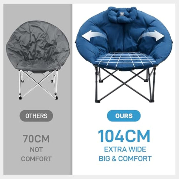 EVER ADVANCED XL Moon Chair for Adults 6cm Padded Garden Saucer Chair, Heavy Duty Camping Foldable Folding with High Back, Super Wide Round Seats, supports 150KG Blue