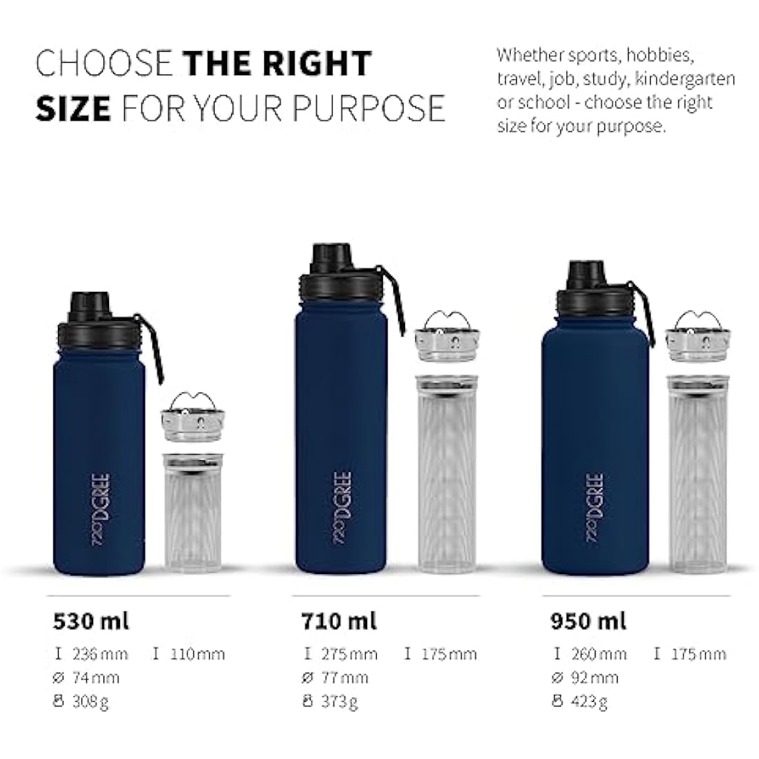 720°DGREE Vaccum Insulated Water Bottle + Infuser “noLimit“ - 950ml - Leakproof, BPA-Free, Thermo Stainless Steel Flask - Carbonated Drinks, Sports, School, Travel, Hiking, Outdoor +Sports-Cap