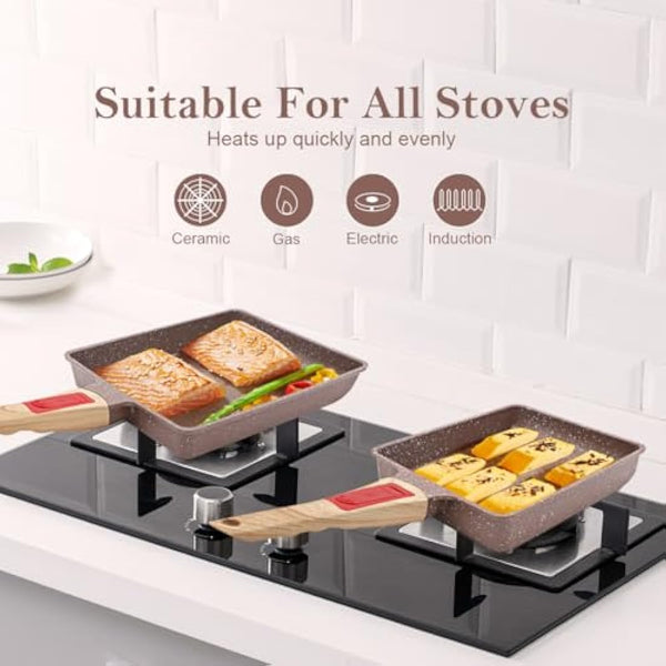 AIKENBBKK Ceramic Nonstick Tamagoyaki Pan, Japanese Omelette Pan Omelette Egg pan with Detachable Handle, Oven& Dishwasher Safe,19x16 cm (Brown)