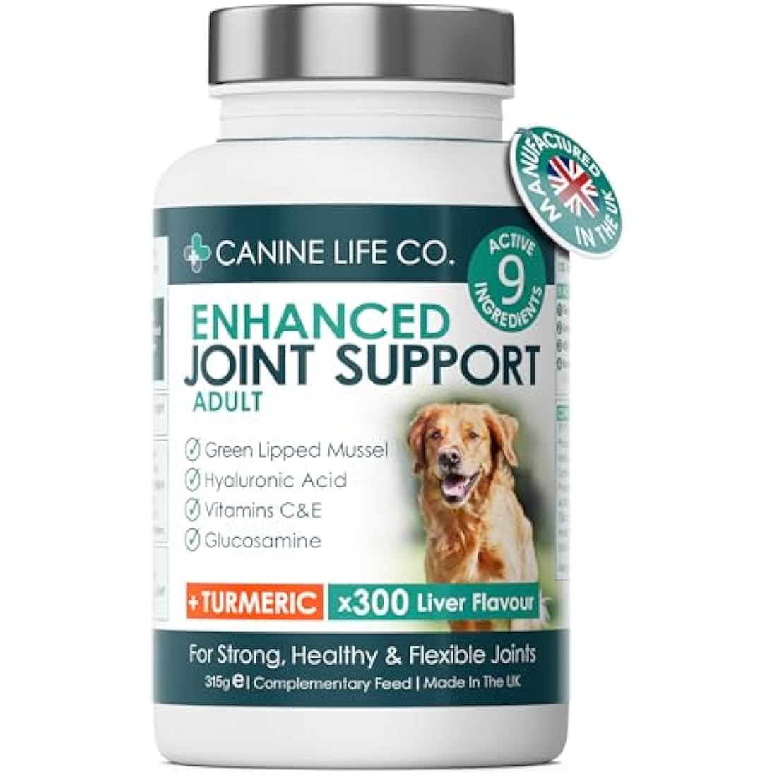 Enhanced Adult Dog Joint Supplements With Turmeric, Glucosamine & Green Lipped Mussel 300 Chewable Tablets Made In The UK - Canine Life Co. (1 Pot (300 Tablets))
