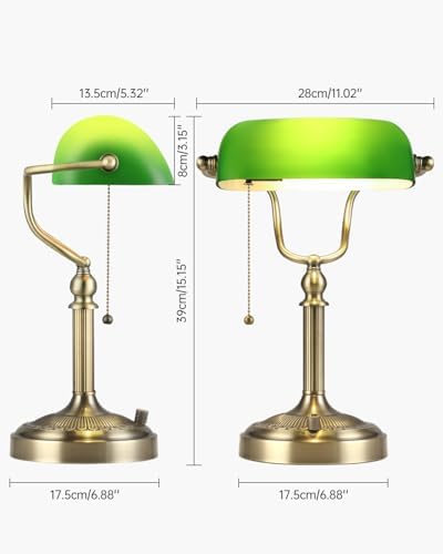 Newrays Green Glass Bankers Desk Lamp, Stepless Dimmable Table Lamp Plug in Fixture for Study, Office, LED Bulb Included