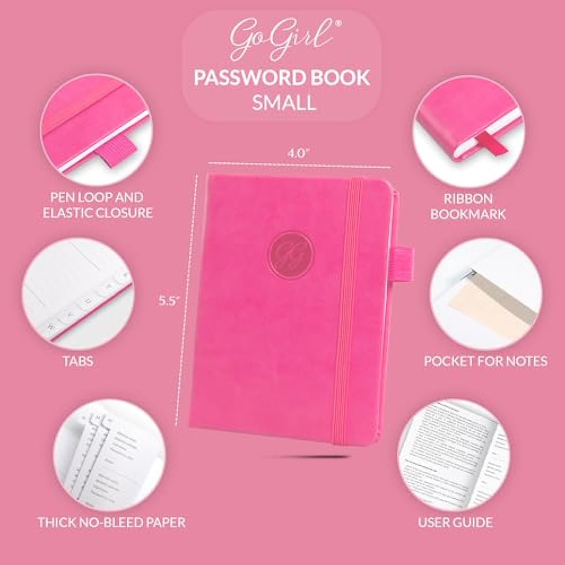 GoGirl Password Book with Alphabetical tabs – Internet Address & Password Keeper Logbook for Password Organization, Journal Notebook for Saving Website Logins. Small Size 11 x 14.5cm - Hot Pink