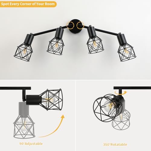 FORCOSO Ceiling Lights Spotlight, 4 Way Spot Lights 350°Adjustable, E14 Base Black Light Shade Metal Wire Cage Light Fittings, Industrial Wall Ceiling Lamp for Kitchen Living Room Hallway Bedroom