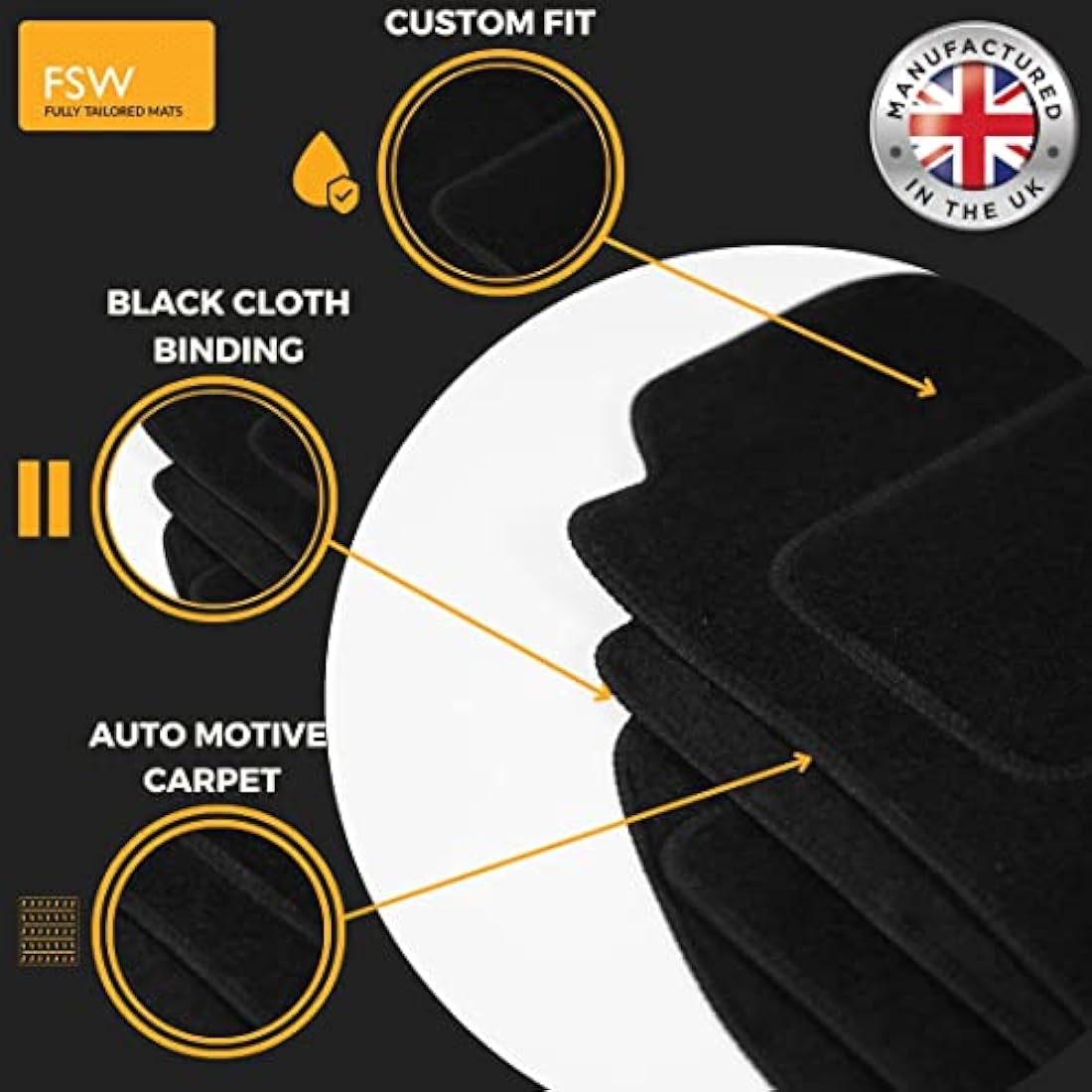 FSW - Car Floor Mats For Volkswagen Polo 2009-2018 - Tailored Mats - Black Carpet - Anti Slip Mat - Non Slip, Fitted With Clips & Granulated Backing - 4 Pc Floor Mat Only