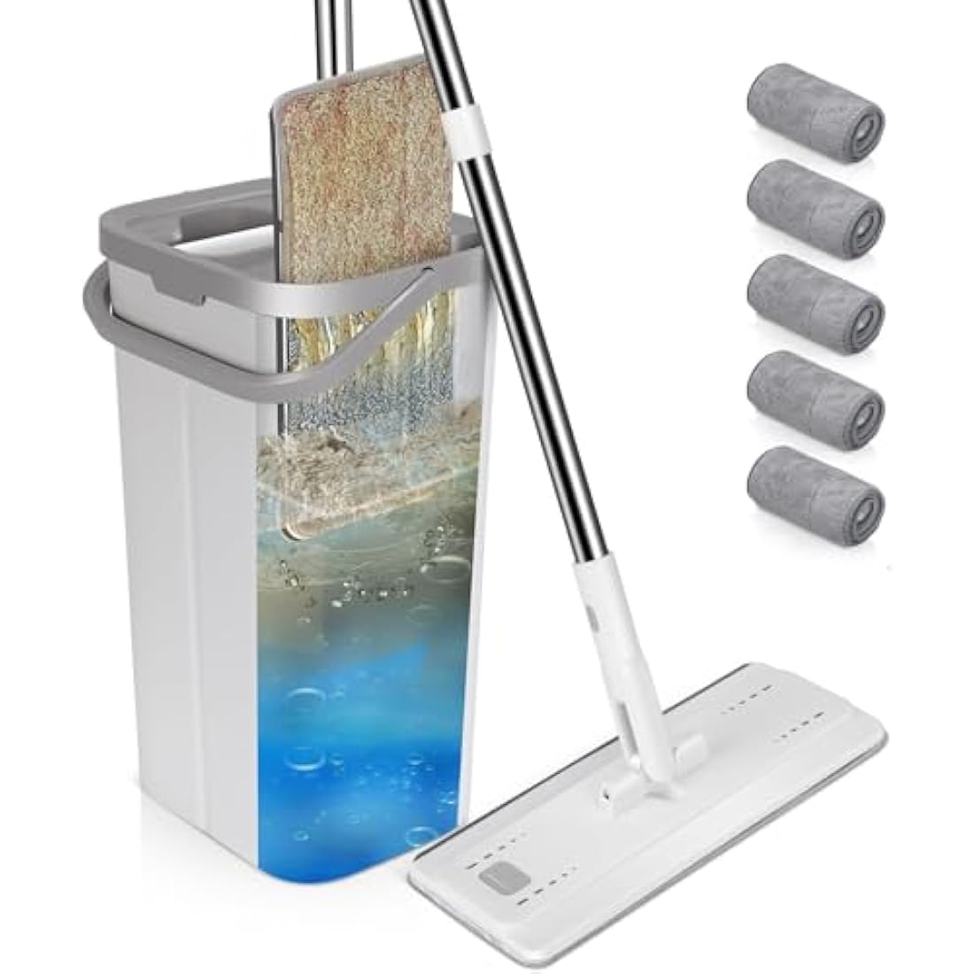 MASTERTOP Mop and Bucket - Hands-Free Floor Cleaner Mops with 5 Reusable Microfibre Mop Pads, 360° Rotating Flat Mops & Wet/Dry Cleaning System for Hardwood, Tile, Marble Floors - White