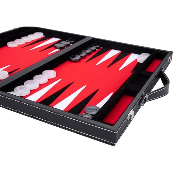 Engelhart - 250507 - Luxury Backgammon - Red - 38 cm - 15 Inches - Faux Leather - Felt Inlay - Pearl Dice and Chips + 2 Cups - Strategy - Backgammon Game