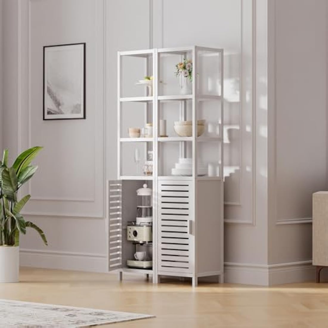 HITNET Bathroom Storage Cabinet, Bamboo Tall Narrow Linen Floor Standing Tower Organizer with Shutter Door and 4 Open Shelves for Kitchen, Living Room, Bedroom, White