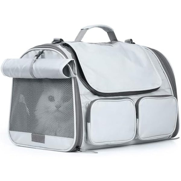FUKUMARU Cat Carrier, Soft-Sided Small Dog Carrier, Large Cat Travel Bag with 4 Mesh Windows, Airline Approved Pet Carrier with 4 Storage Pockets, Rollable Cover for Nervous Pets, Grey