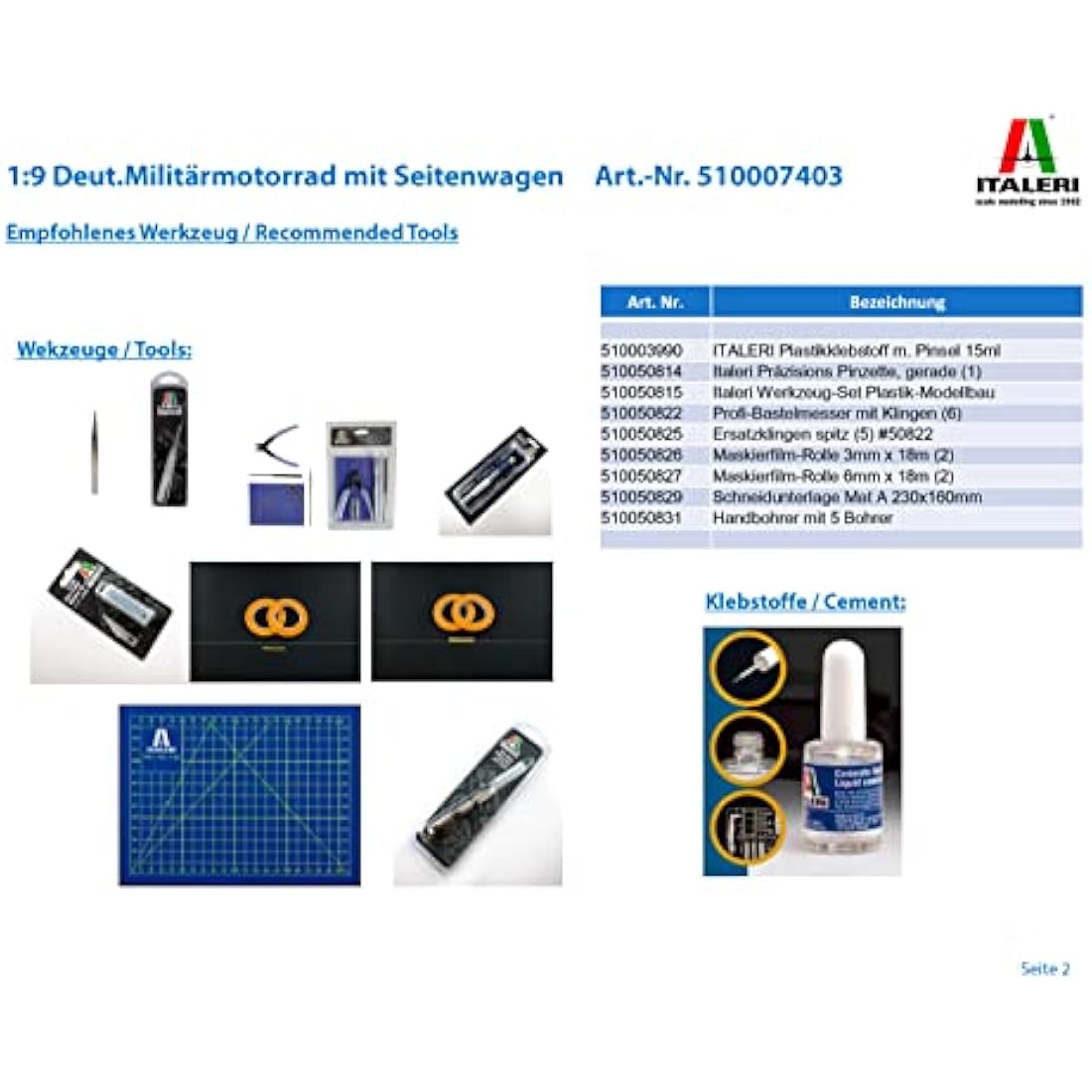 Italeri 7403 German Military Motorcycle with Side car, Scale 1:9. Plastic Model Kit