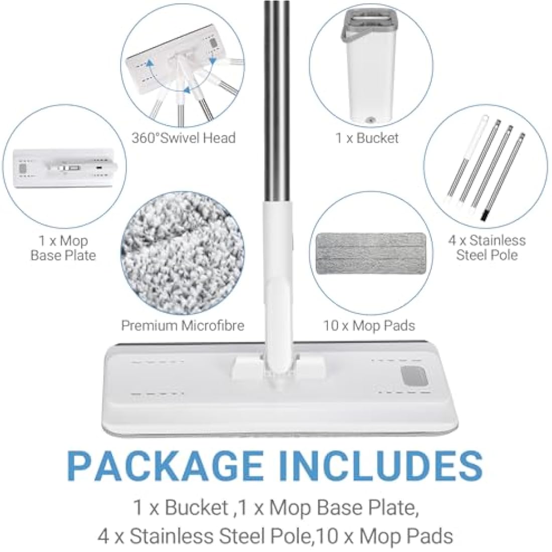 MASTERTOP Mop and Bucket - Hands-Free Floor Cleaner Mops with 5 Reusable Microfibre Mop Pads, 360° Rotating Flat Mops & Wet/Dry Cleaning System for Hardwood, Tile, Marble Floors - White
