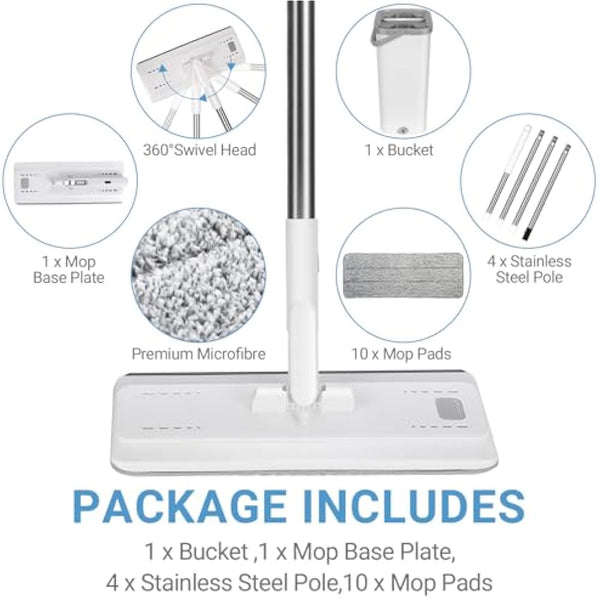 MASTERTOP Mop and Bucket - Hands-Free Floor Cleaner Mops with 5 Reusable Microfibre Mop Pads, 360° Rotating Flat Mops & Wet/Dry Cleaning System for Hardwood, Tile, Marble Floors - White