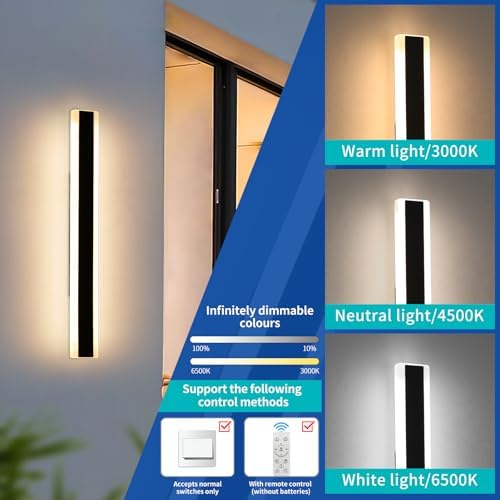 Mikeru Modern 80cm Dimmable Outdoor Wall Light, 2 Pack 3 Colour Temperatures 3000K/4500K/6500K IP65 Rainproof Outside Wall Light with Remote Control (Batteries Not Included) for Porch, Patio