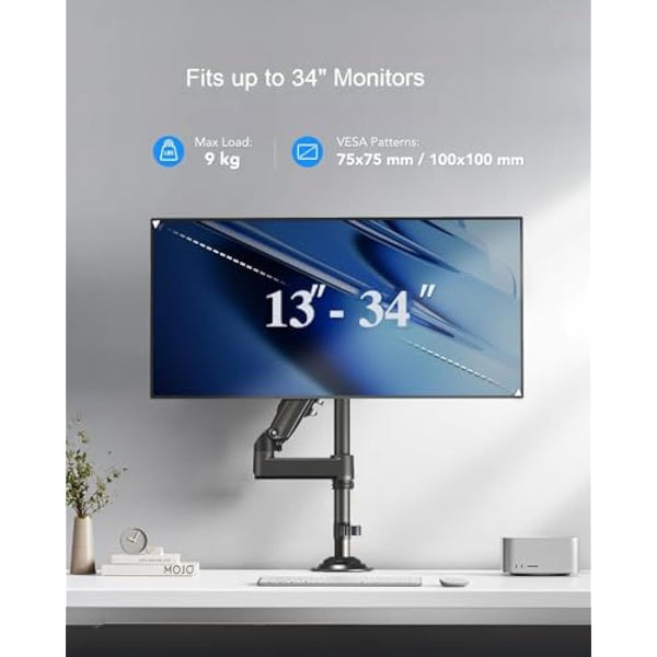 HUANUO Single Monitor Arm for 13" to 34" Screens, Single Monitor Stand with Pole for More Height Adjustments, Gas Spring Screen Arm Holds up to 19.8lbs, Swivel Screen Holder Desk Mount, VESA 75/100