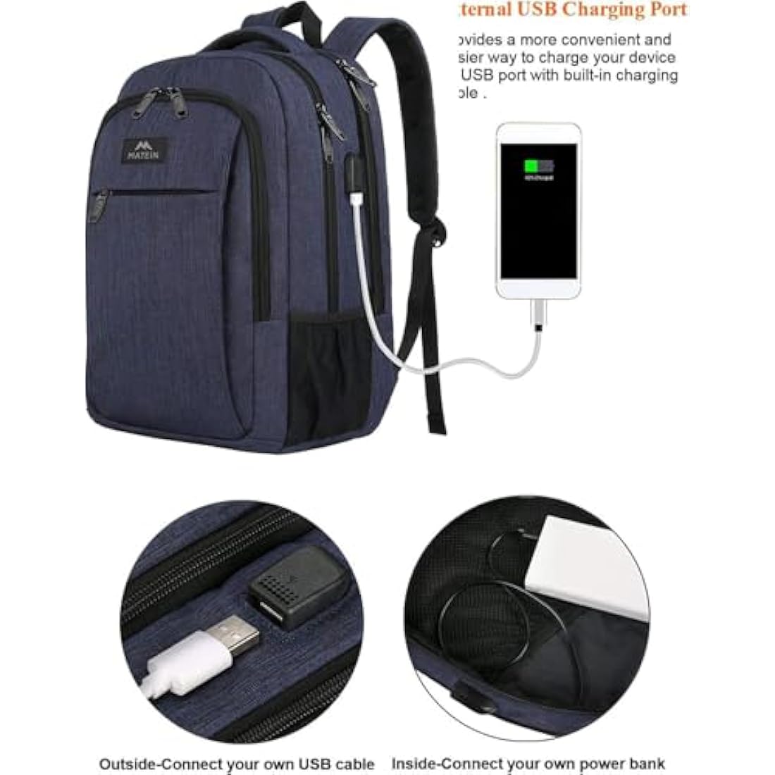 MATEIN Travel Laptop Backpack 15.6, Slim Laptop Rucksack with USB Charging Port Anti Theft Computer Backpack Bag Water Resistant College Work Daypack Lightweight Bag, Navy Blue