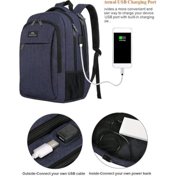 MATEIN Travel Laptop Backpack 15.6, Slim Laptop Rucksack with USB Charging Port Anti Theft Computer Backpack Bag Water Resistant College Work Daypack Lightweight Bag, Navy Blue