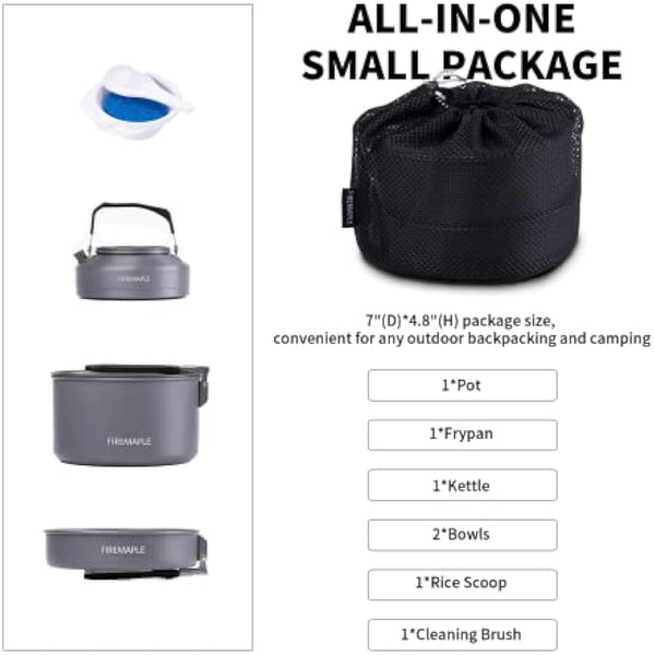 Fire-Maple Feast 2 Camping Cookware Set | Outdoor Cooking kit with Pot Kettle Pan Bowls and Spatula | Kitchen Utensils for 1 to 3 People Backpacking Trekking Hiking Fishing Picnic