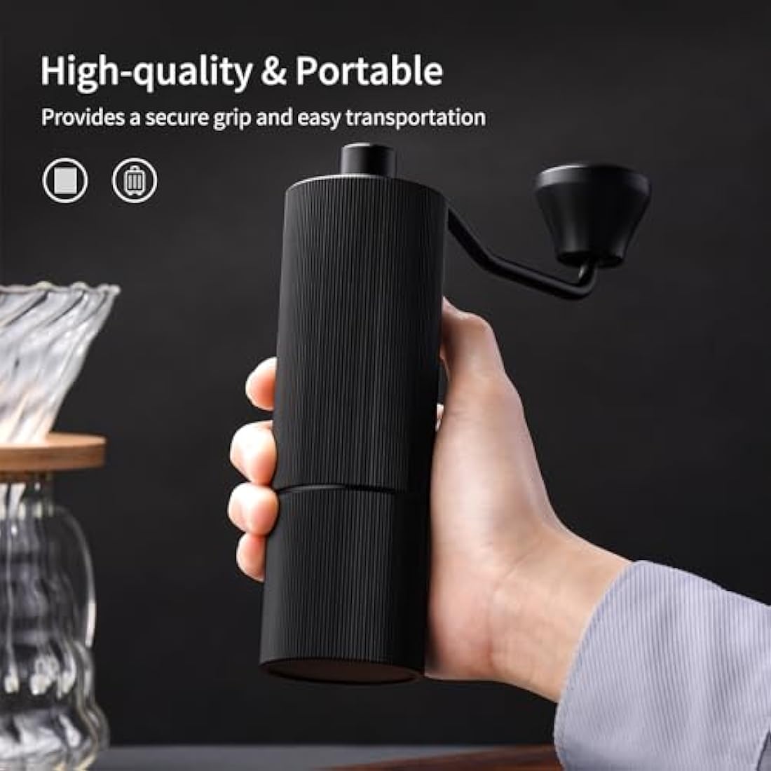 ELMWAY Manual Coffee Grinder – Stainless Steel Burr & Shaft, Dual Bearings, Lightweight Aluminium Body & Handle, Adjustable Grind, ABS Support Frame, Travel Pouch – Black