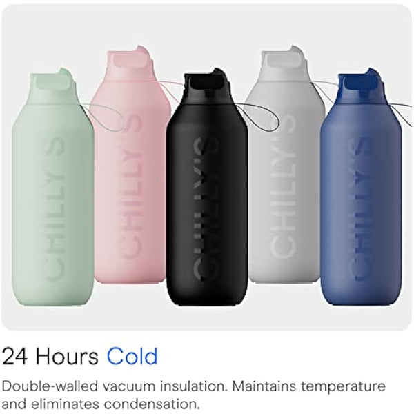 Chilly's Series 2 Flip Water Bottle with Sports Lid, Telescopic Straw and Nylon Carry Loop - Easy Flip Lid, Straw Cleaning Brush Included
