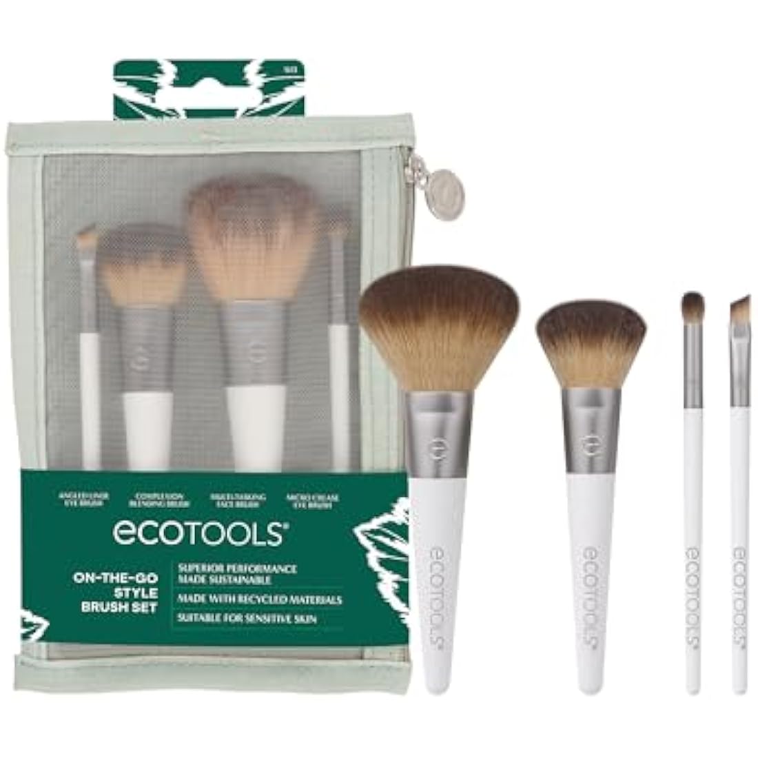 EcoTools On-The-Go Makeup Brush Kit, Travel-Friendly Brush Set, Mini-Size Makeup Tools for Powders, Blush, Bronzer, & Eyeshadows, Eco-Friendly, Synthetic Bristles, Cruelty-Free & Vegan, 5 Piece Set