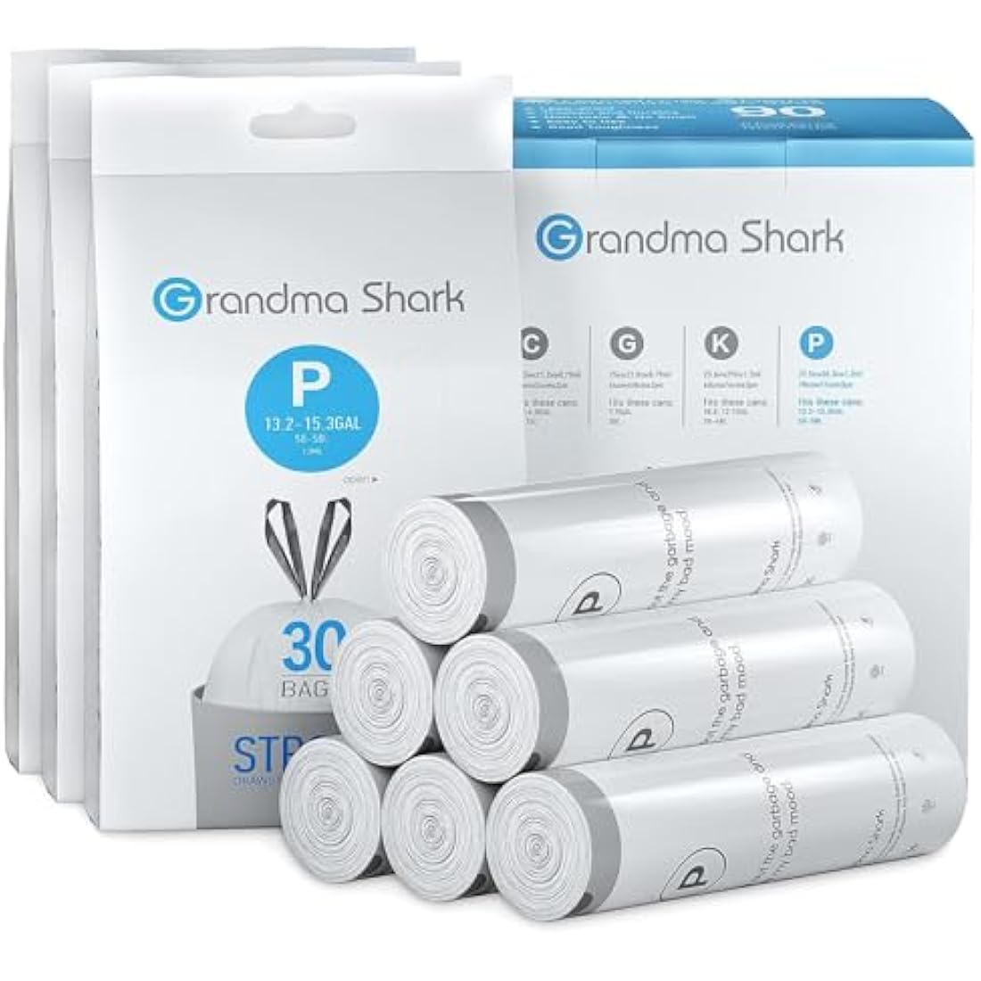 GRANDMA SHARK 50-58L UP TO 65L Bin Bags Liners Drawstring Trash Bag, Handle Waste Bags, 90 Garbage Bag, Super Strong, Anti-Drip Unscented, 70 × 77 cm