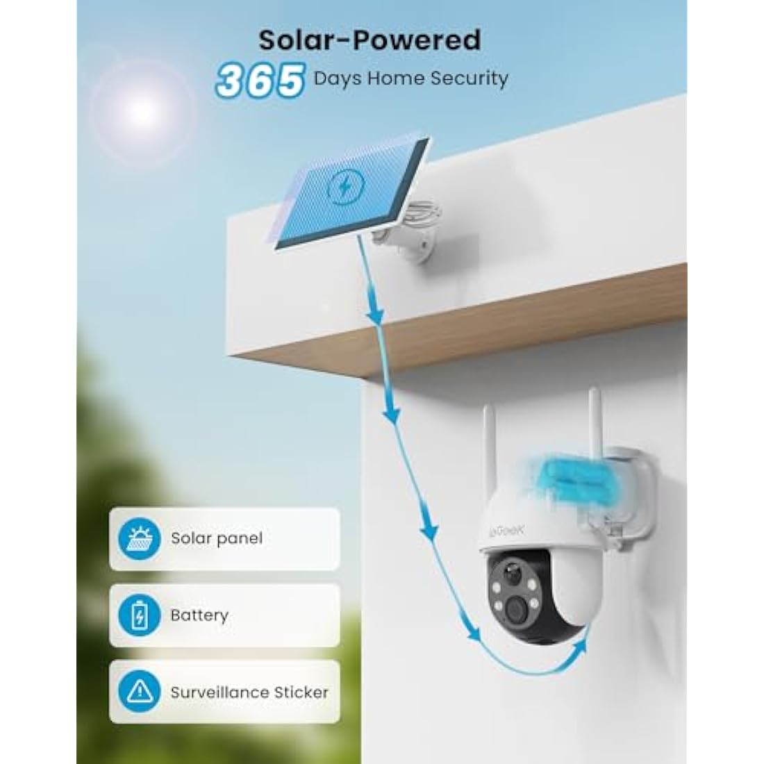 ieGeek 2K Solar Security Camera Outdoor Wireless, 360° Pan Battery Camera with Solar Panel, Wifi CCTV Camera Systems, Color Night Vision, PIR Motion Detection, 2-Way Audio, Works with Alexa