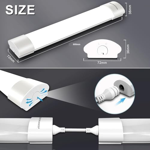 BERIXDEEP 2ft LED Batten Light 6500K Daylight, Linkable Plug in Strip Light for Garage, Workshop, Office, Wall, Kitchen, Shed, Waterproof Plug in Garage Lighting, 2FT, 60cm, 18W