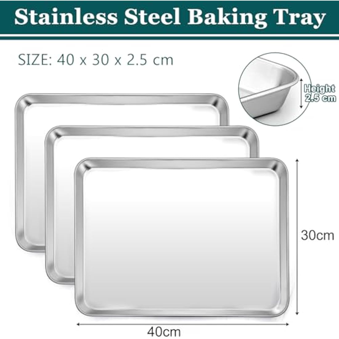 HaWare Baking Tray, Large Stainless Steel Oven Tray Set of 3-40 X 30 X 2.5 cm, Cookie Sheet Pan for Baking/Cooking/Serving, Healthy & Non Toxic, Mirror Finish & Dishwasher Safe