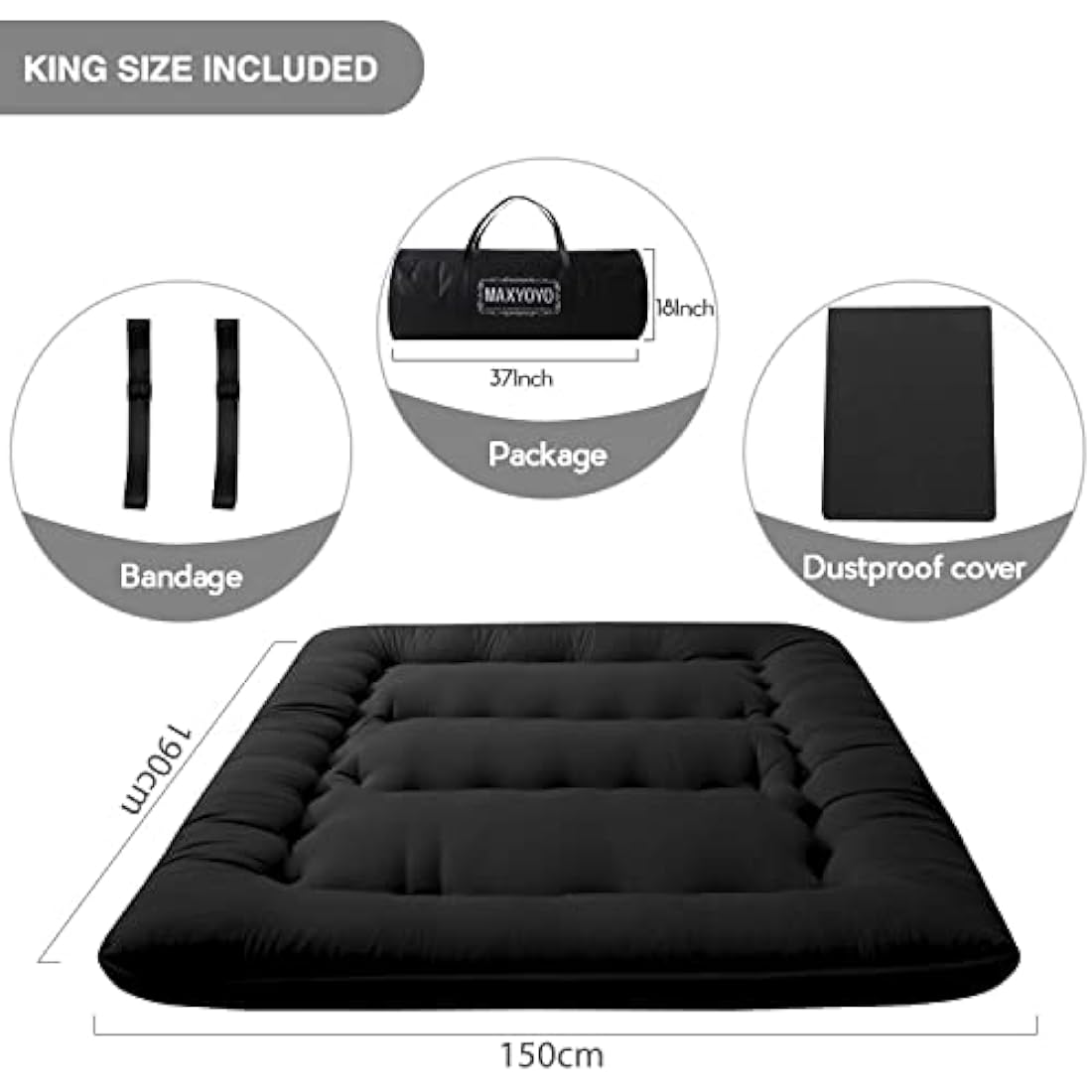 MAXYOYO Japanese Floor Futon Mattress - Folding Futon Mattress Single Quilted Bed Mattress for Guest Travel and Camping (Black, 150 x 200 cm)