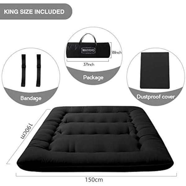 MAXYOYO Japanese Floor Futon Mattress - Folding Futon Mattress Single Quilted Bed Mattress for Guest Travel and Camping (Black, 150 x 200 cm)