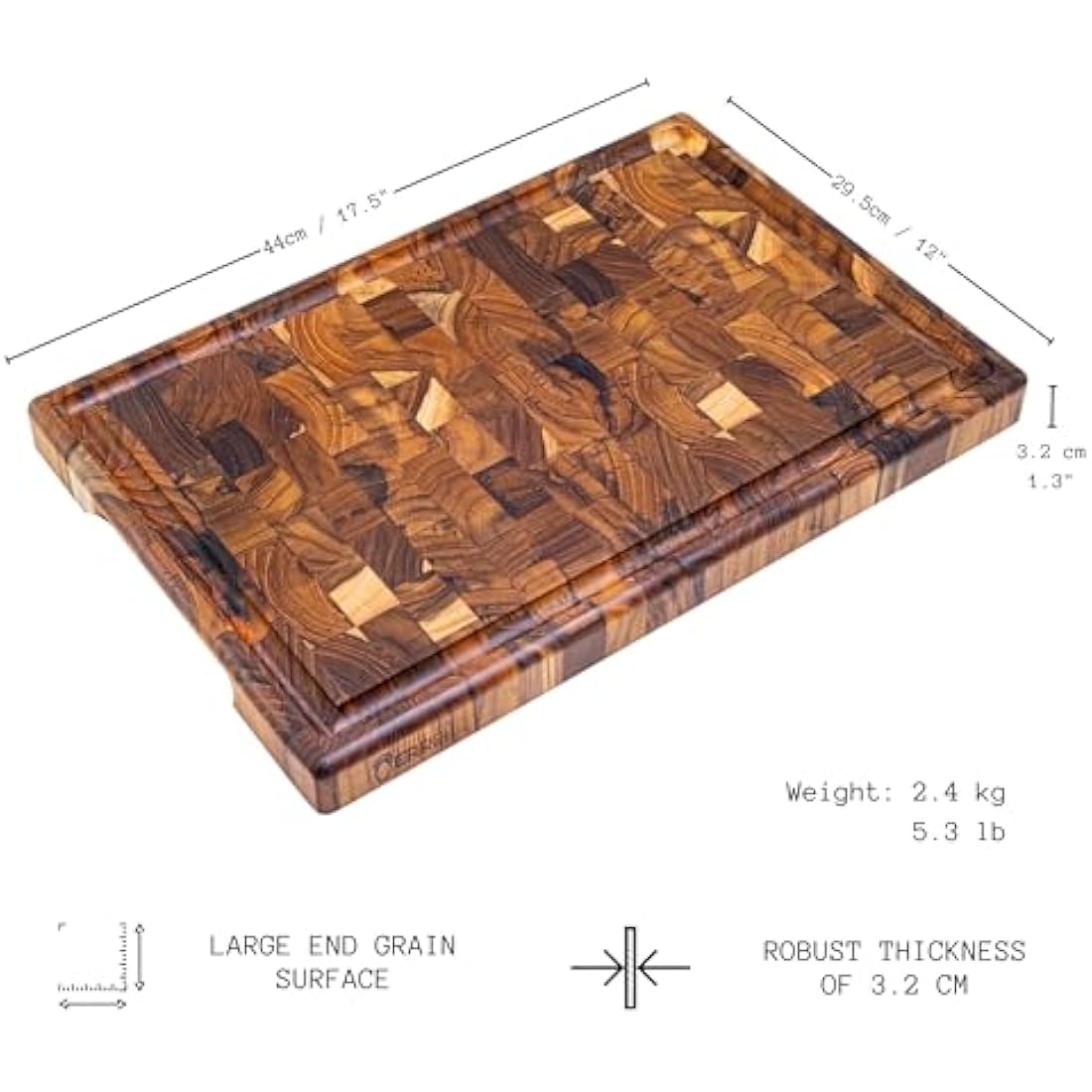 Erreke Wooden Chopping Boards, End Grain Large Teak Wood Chopping Board, Ideal for Kitchen or Barbecue, Serve or Chop Food Meat Cheese Bread, 44 x 29.5 x 3.2 cm (with Juice Groove)