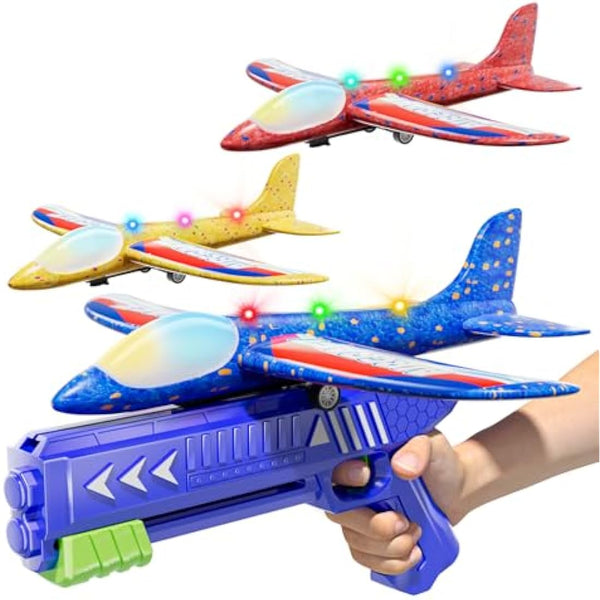 Doloowee 3 Pack Airplane Launcher Toys, 12.6 Inch LED Foam Glider Airplane Catapult, 2 Flight Modes, Outdoor Sports Flying Toys 4 5 6 7 8 9 10 11 12 Years Old Boys Girls Birthday Gifts (Blue)