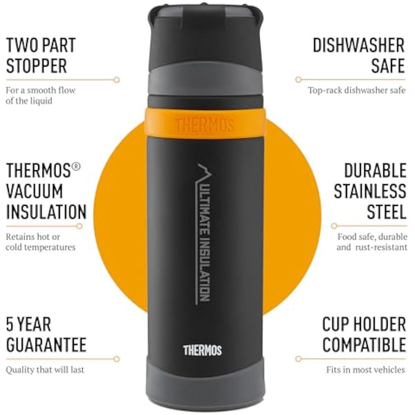Thermos - Matt Black Ultimate Flask (500ml), Reusable Insulated Stainless Steel Thermal Coffee Cup for Hot or Cold Drinks, Vacuum Sealed Water Flask with a Leak-Proof Lid, 24hr Hot/24hr Cold