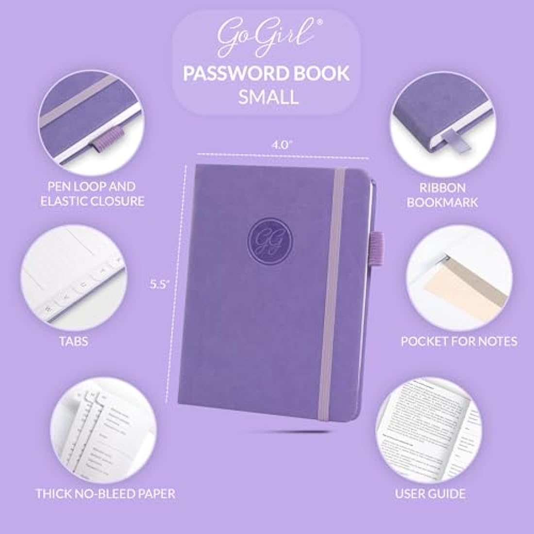 GoGirl Password Book with Alphabetical tabs – Internet Address & Password Keeper Logbook for Password Organization, Journal Notebook for Saving Website Logins. Small Size 11 x 14.5cm - Lavender