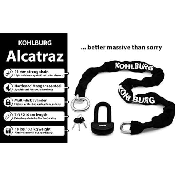 KOHLBURG 8kg Massive Motorcycle Security Chain Lock - 210cm Long Our Highest Security Level 10plus of 10 - Heavy Duty Steel Chain 0.5" as Motorcycle Lock Scooter & ebike Lock Sold Secure Diamond