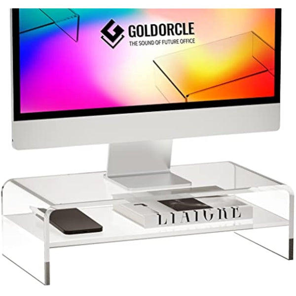 GOLDORCLE 2-Tier Acrylic Monitor Stand Riser Clear Computer Monitor Stand for Laptop PC Printer Computer Riser Acrylic Tray Laptop Storage Shelf