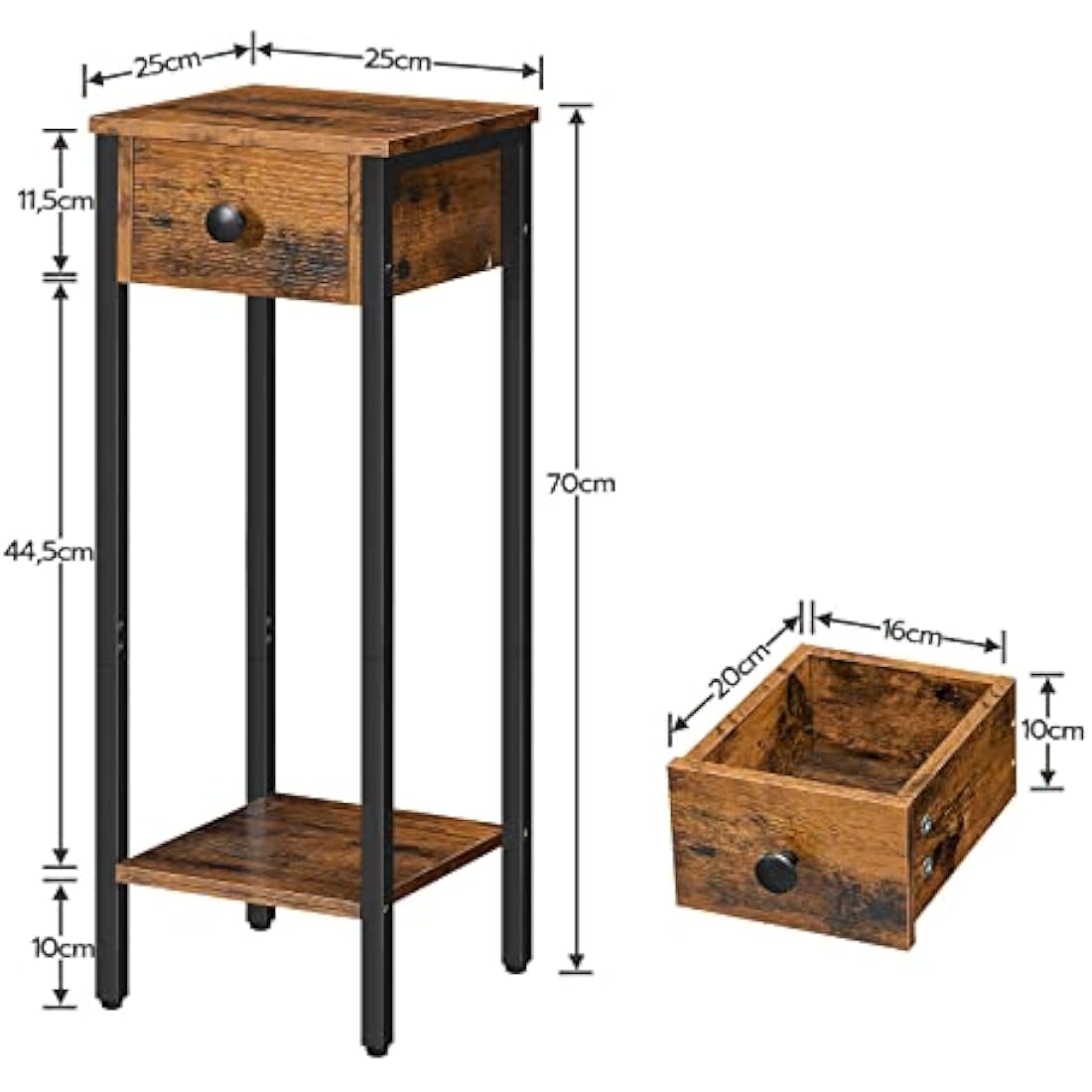 HOOBRO Slim Bedside Tables with Drawer, Small Side Table with Metal Frame, Tall Telephone Table for Small Spaces, Narrow Nightstand, Sturdy, Rustic Brown and Black EBF771BZ01
