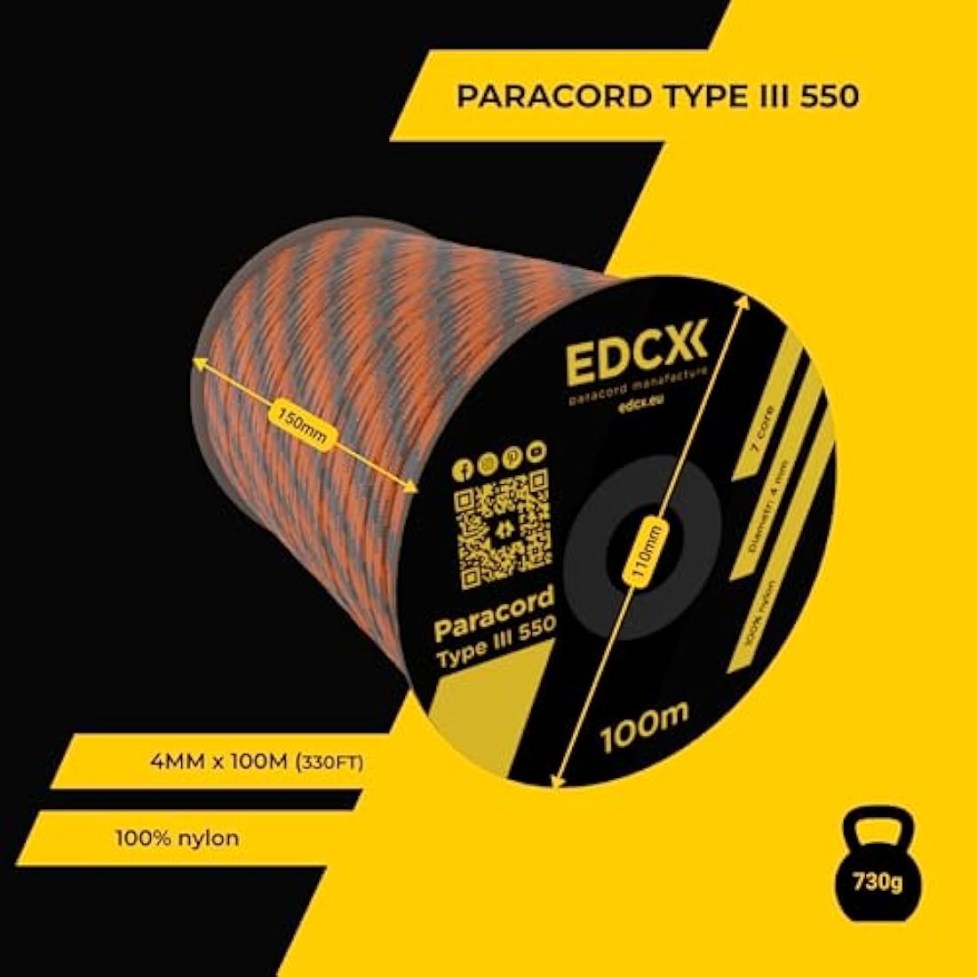 EdcX 4mm Rope 550 - Type III, 100% Rope, 7 Strand Rope, 4mm Rope in Solid Colors