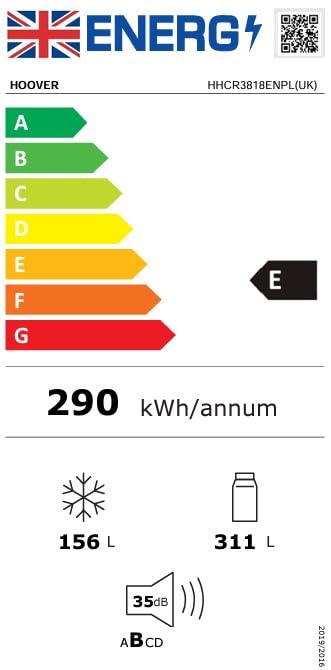 Hoover Free Standing Cube Fridge Freezer, 4 Doors, No Frost, E Class, 463L Total Capacity, Non Plumbed, Silver 83x65x181cm - HHCR3818EWPL