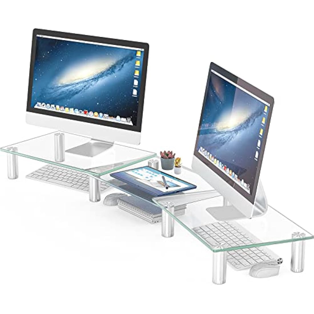 Hemudu Dual Monitor Stand - Adjustable Length and Angle Dual Monitor Riser, Computer Monitor Stand, Desktop Organizer, Monitor Riser for PC, Computer, Laptop (Clear)
