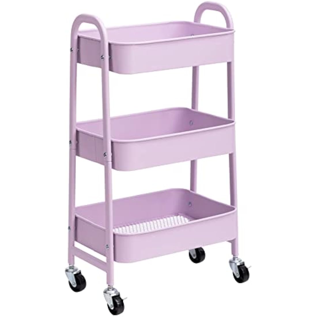 DOEWORKS 3-Tier Storage Cart Rolling Trolley Cart, Metal Utility Shelves with Wheels for Kitchen Makeup Bathroom Office, Light Purple