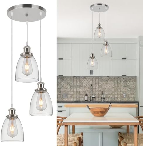 FORCOSO Industrial Glass Pendant Light, 3-Light Cone Shade, Brushed Nickel, Warm White, 1800 Lumen, 180W, Indoor, Kitchen, Bedroom, Living Room