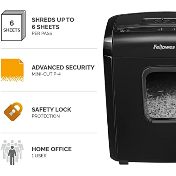 Fellowes Paper Shredder for Home Office Use - 6 Sheet Mini Cut Shredder for Home and Personal Use - Deskside Shredder with 13 Litre Bin and Safety Lock - Powershred 6M - Advanced Security P4 - Black