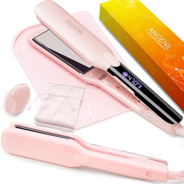 ANGENIL Pro Titanium Flat Iron Hair Straightener 4.5cm Wide, Salon Grade Dual Voltage Straightening and Curler 2-in-1 with Heat Resistant Silicone Mat, Adjustable Temp 160°C-240°C, 15s Fast Heating