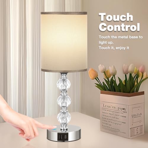 Aooshine Touch Table Lamp, Crystal Grey Bedside Lamps with 3 Way Dimmable, Small Bedside Lamp with USB C+A Charging Ports, Bedroom Lamps with Grey Fabric Shade for Living Room (LED Bulb Included)